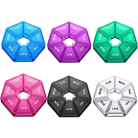 Perle Rare - 6 Small Pill Boxes Round Pill Box Small Pill Storage Box 7 Days Mini 7-Sided Pill Storage Box Medicine Box Pill Reminder (Shiny Colors)