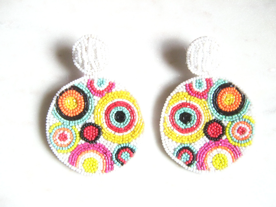 Colorful Circles Seed Beaded Earrings - Large Statement Earrings, Boho Gift For Women, Bead Earrings