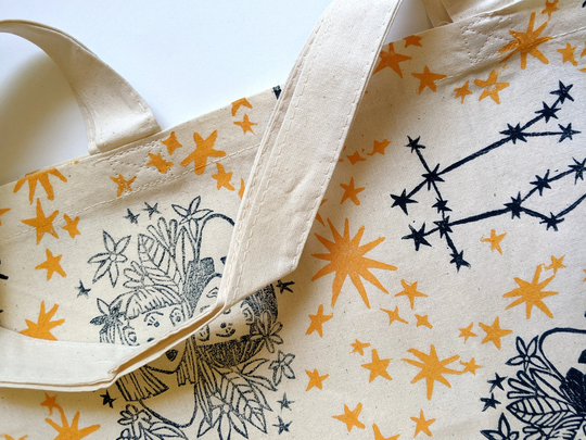 Gemini Tote Bag, Organic Cotton Reusable Fabric Shoulder Block Print Handprinted