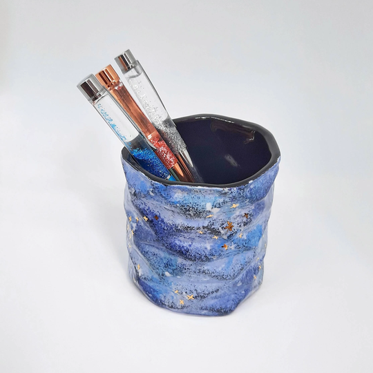 Galaxy Pen Pot/Desk Tidy | Powder Blue Ceramic With Metallic Stars - Stationary Holder, Utensil/Pencil Desk & Office Decor