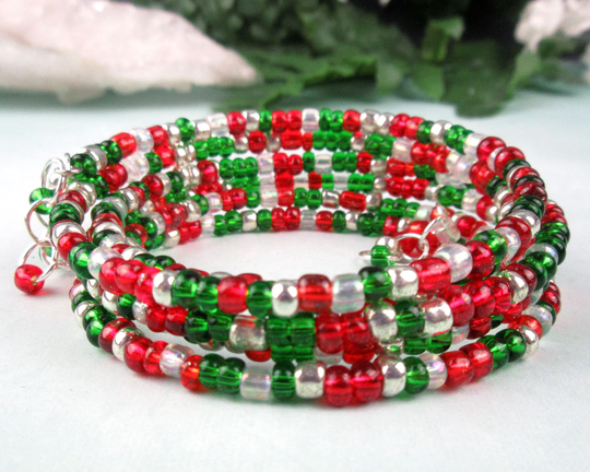 Christmas Bracelet, Glass Seed Beads in Red & Green, Silver White, Memory Wire Bracelet