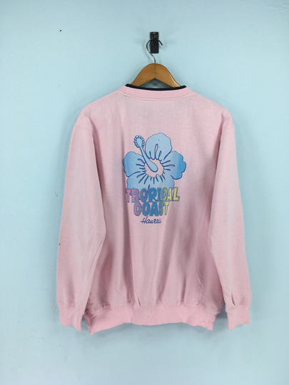 Hawaii Tropical Coast Pullover Sweatshirt Unisex Large Vintage Dig Deer Surf Hawaii Hibiscus Flower Big Logo Jumper Pink Sweater Size L