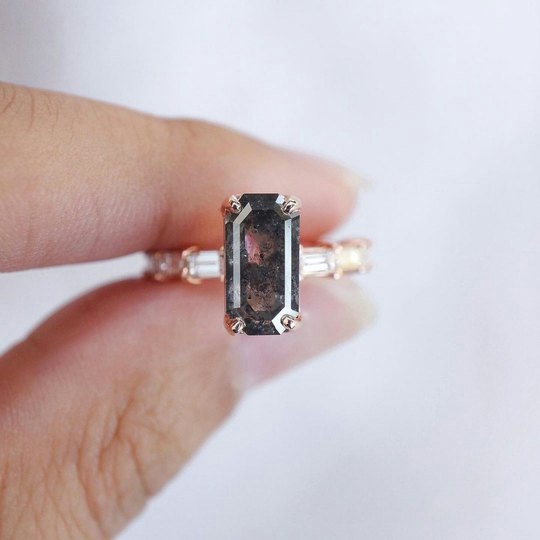 Elongated Emerald Cut Salt & Pepper Ring Moissanite Engagement Vintage Bridal Set Matching Wedding Promise
