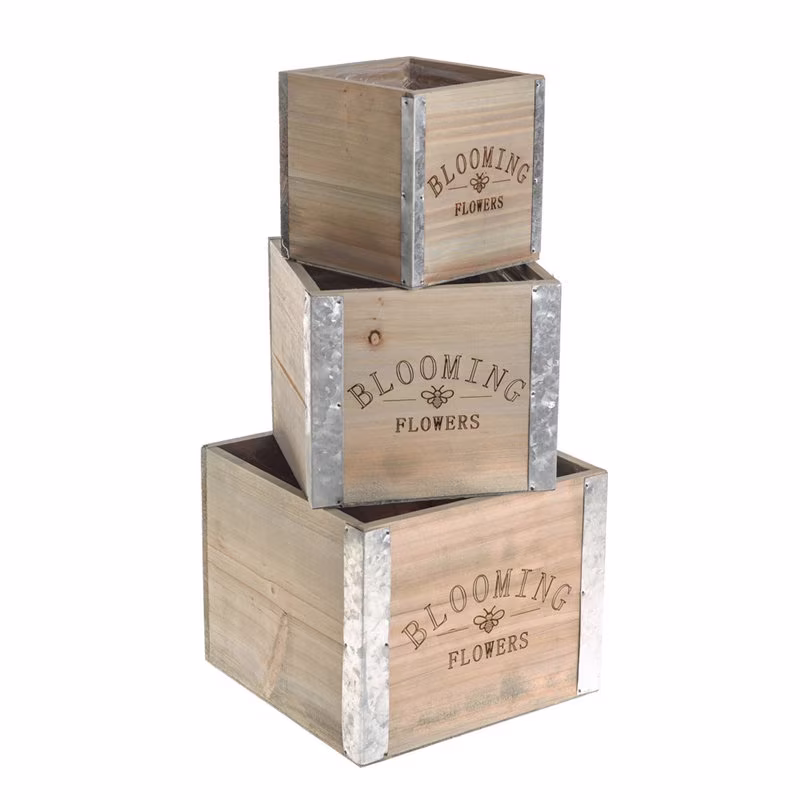 Set Of 3 Beautiful Square Chest Design Flower Planters - Quirky Tea Complete With Liner Blooming Flowers Text On Front