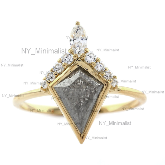 Gray Pepper Salt Diamond Ring, Solid 14K Yellow Gold Handmade Delicate Jewelry, Wedding Band, Stackable Ring