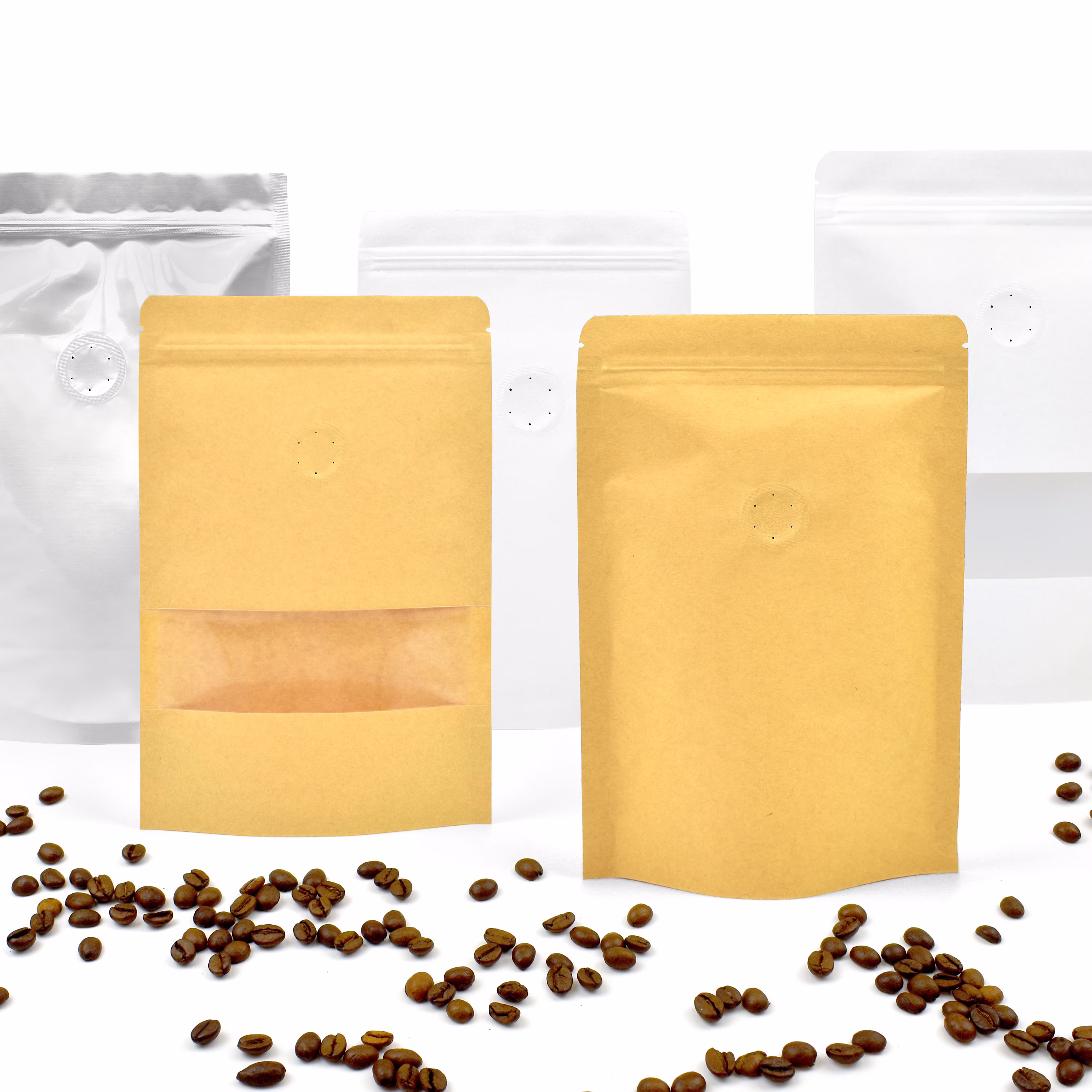 Coffee Beans Bags/stand Up Resealable Pouches With One-Way Degassing Valve & Zip Lock Grounds Heat Sealable Packaging