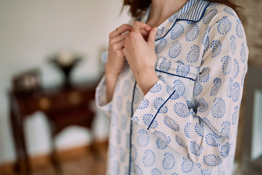 Blue Paisley Print Organic Cotton Ladies Pjs, Woman's Pyjamas, Xmas Pj Gift Set, Ethically Made Block Pyjamas, Pyjama Set.cotton
