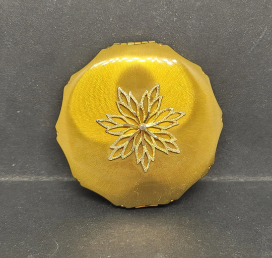 Vintage Kigu Powder Compact Textured Star Flower Brushed Gold 1960S