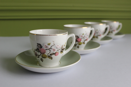 Set Of 4 Vintage Satin White Ironstone Pink Cherry Blossom Pattern Pale Sage Green Tea Cups & Saucers Duos, Made in England