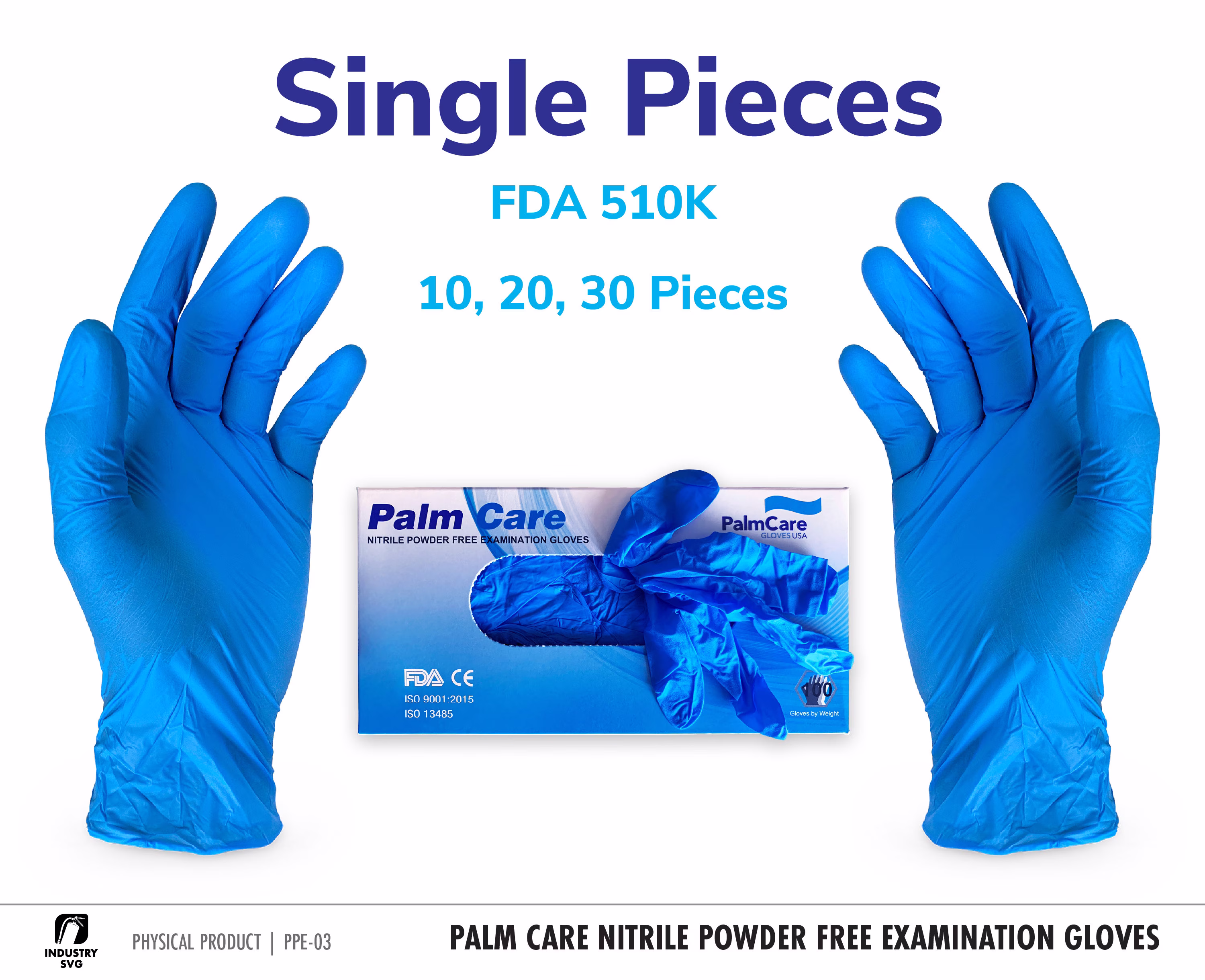 Palm Care Nitrile Gloves, Powder Free, Latex Free Disposable Exam Blue Sale By Single Pieces, Shipping Included