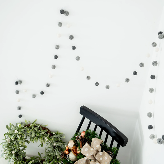 Grey Pom Felt Ball Garland | Seasonal & White Pom Staircase Bunting Festive Decor