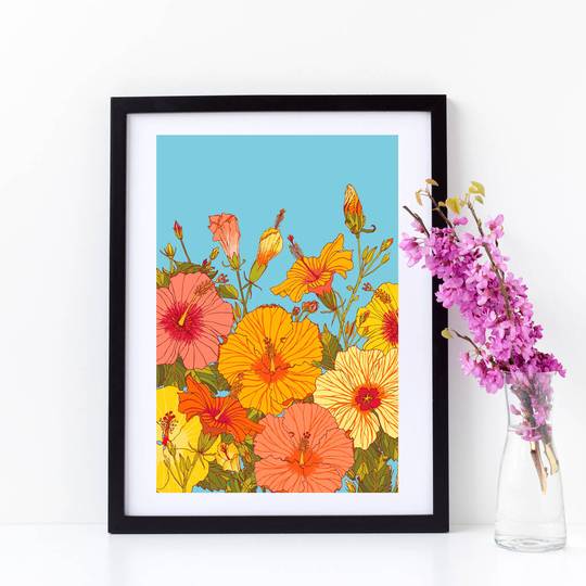 Tropical Hibiscus Flower Print In Oranges And Yellows