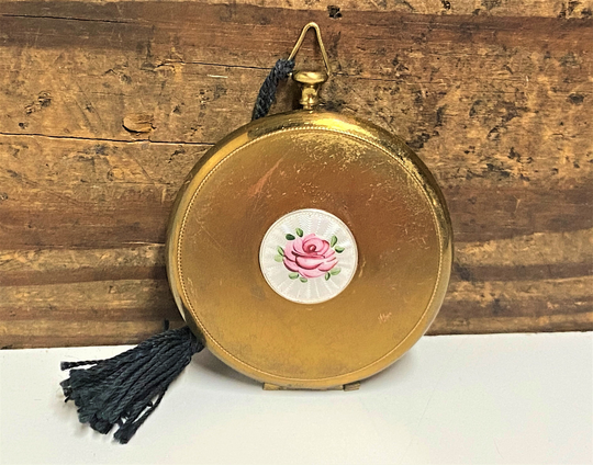 Vintage Guilloche Powder Compact Pocket Watch Style, Pink Rose Floral On White Gold Base, Compact, Vanity Decor