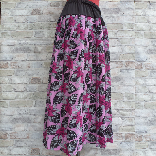Skirt Handmade, Long Summer Fashion Clothing, UK Women Size M/L, Stretch Waist, Black & Pink Floral Skirt, Semi-Sheer Polyester