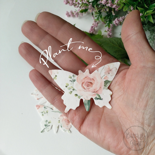 Set Of 25 - Butterflies Seed Paper With Watercolor Roses 2.6"x1.6