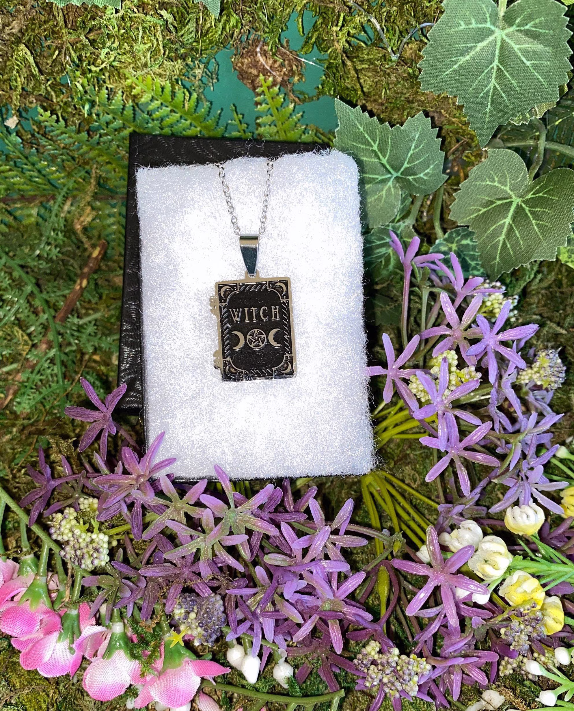 Witch Book Stainless Steel Pendant On Silver Alloy Chain, Witchy Gift, Jewelry, Wiccan, Pagan