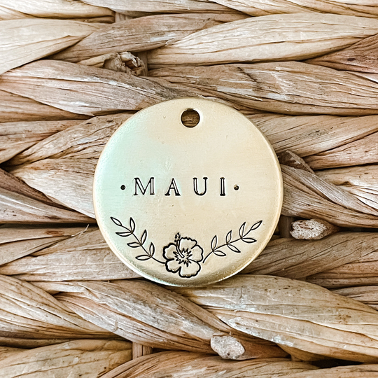 Dog Tag, Pet ID Personalized Hand Stamped Engraved Hibiscus Flower
