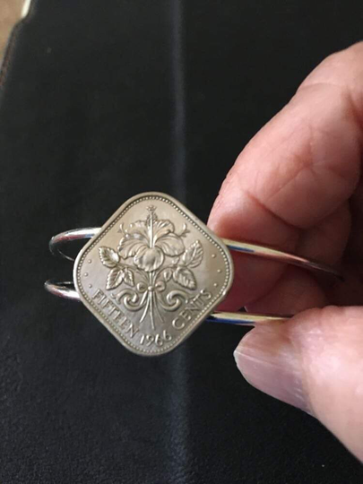 Bangle Cuff Bracelet Made With A Genuine Twenty Five Cent Coin From The Bahamas. This Is Beautiful Feature Tropical Hibiscus Flowe