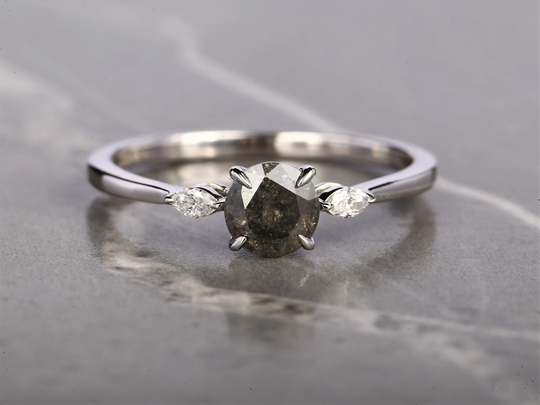 Salt & Pepper Ring, Round Brilliant Cut Diamond Engagement 14K White Gold Wedding Gift For Her