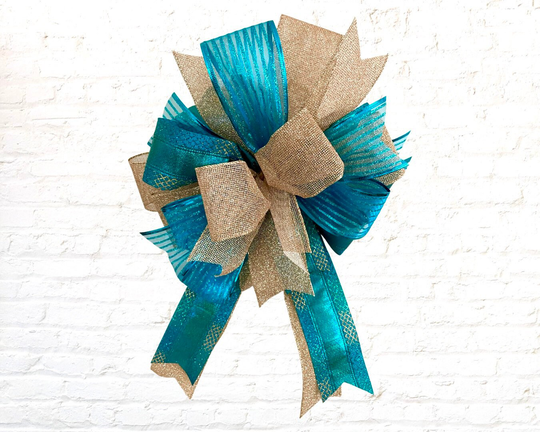 Elegant Aqua & Gold Christmas Bow, Holiday Tree Topper, Decorative Bow With Tails, Seasonal Lantern Swag, Lamppost Decor, For Wreath