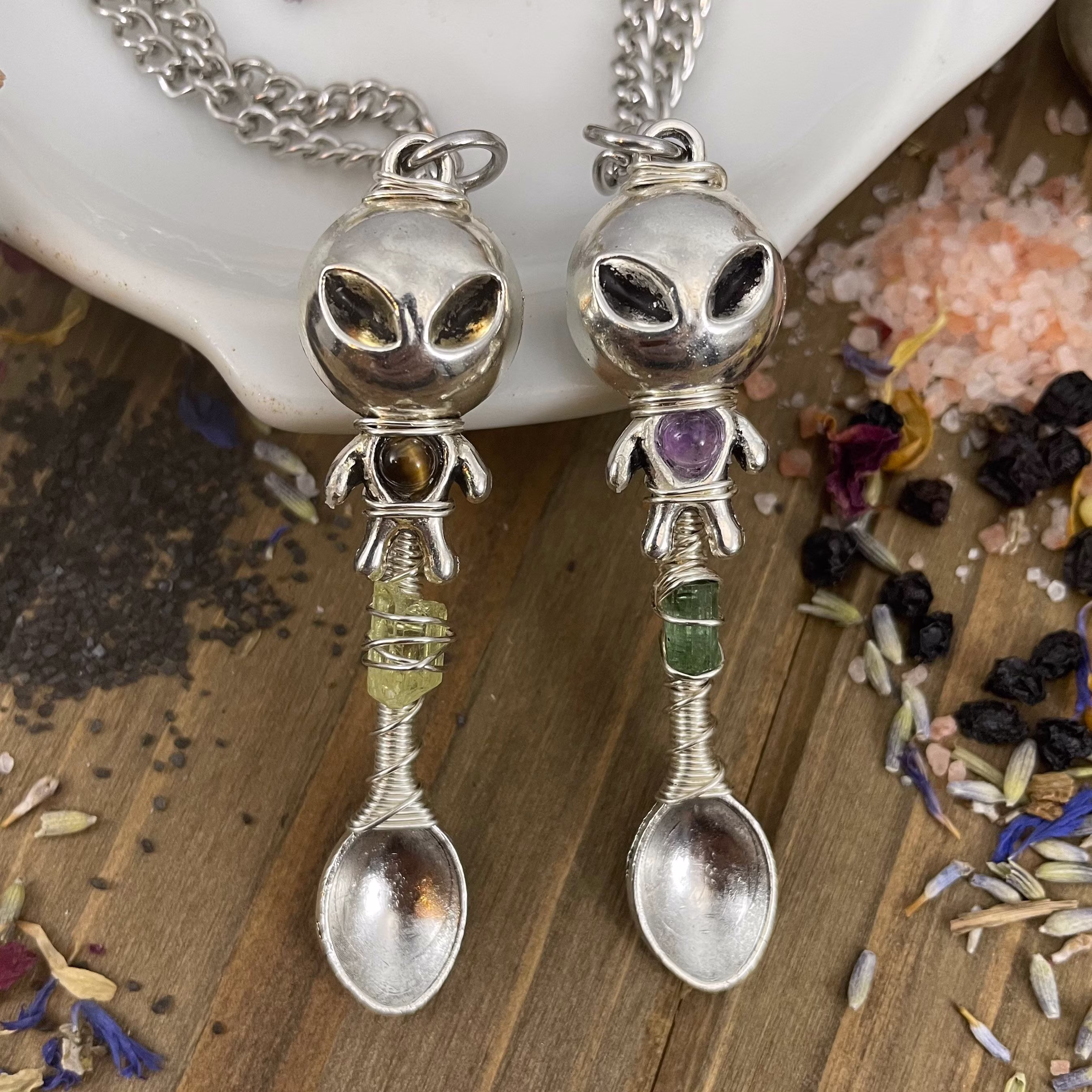 Silver Alien Stone Wire Wrap Spoon Pendant Necklace Tea Herb Sugar Incense Spoonie Healing