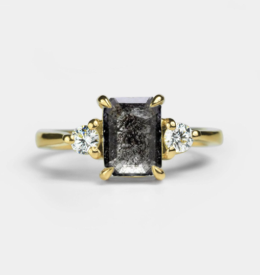 Salt & Pepper Diamond Three Stones Engagement Ring | Emerald Cut Grey Art Deco Dainty Multi-Stone Ring| Bridal Promise