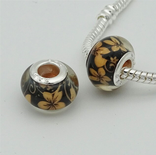 Murano Glass Orange Hibiscus Black Smooth Charm Bead With Silver Colored Core