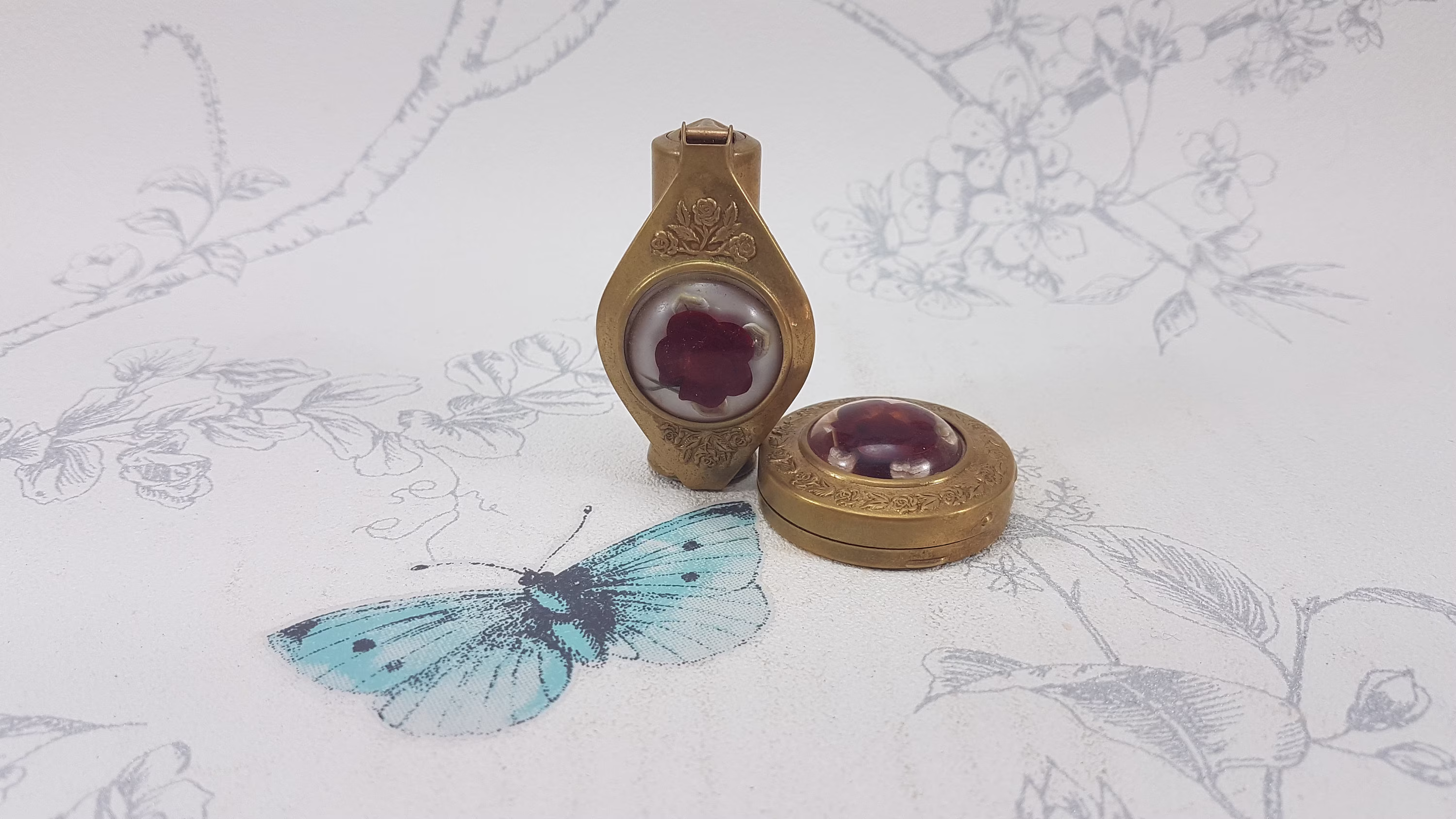 Vintage Compact Mirror & Lipstick Holder Set, Art Deco Powder With Matching