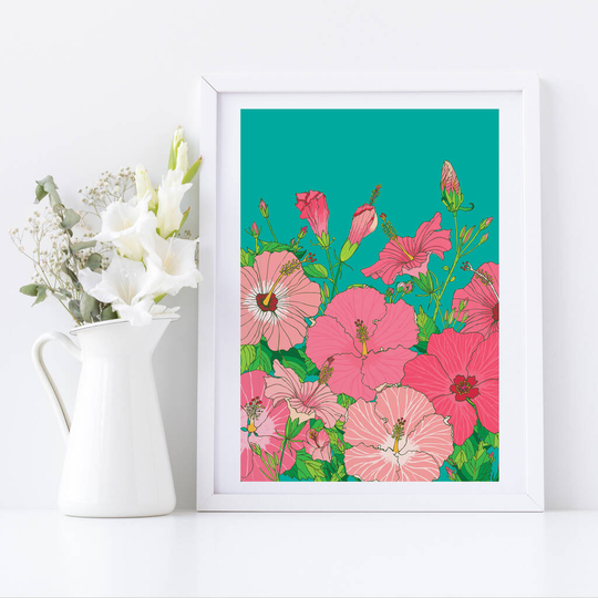 Tropical Hibiscus Flower Print In Pinks