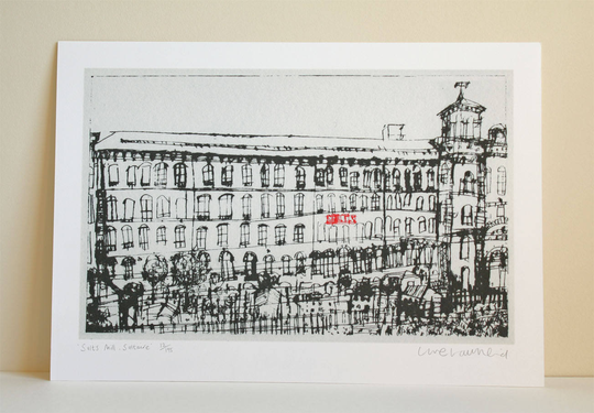 Saltaire Art Print, Salts Mill Drawing, Limited Edition Giclee, Yorkshire Wall Art, Watercolour Painting, Clare Caulfield Building