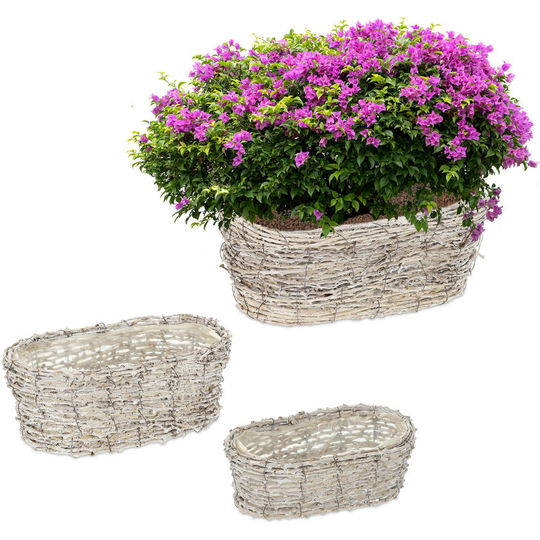 Relaxdays - Set of 3 Indoors Plant Pots in Various Sizes, made of Rattan, Lined with Foil, Oval Planters, White/Natural