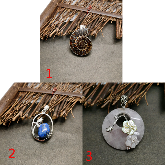 Lapis Lazuli Pendant, Powder Crystal Shell Flower Pendant, Nautiloid Fossil Pendant