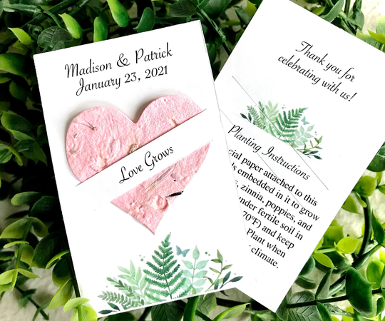 Personalized Flower Seed Paper Wedding Favors Hearts - Love Grows Cards Ferns Greenery Sky Blue Pink Lilac More Recycled Eco-Friendly