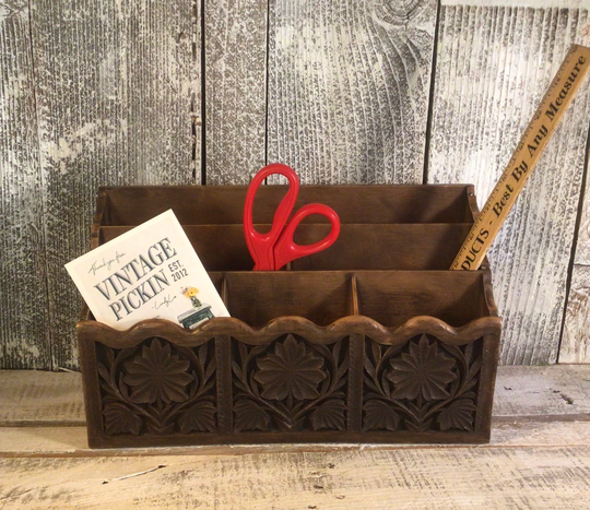 Vintage Desk Organizer By Lerner in Faux Wood Carved Resin Usa Made