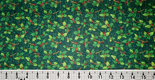 Fabri Quilt Seasons Greetings Holly On Green 615 Fabric By The Yard/Piece