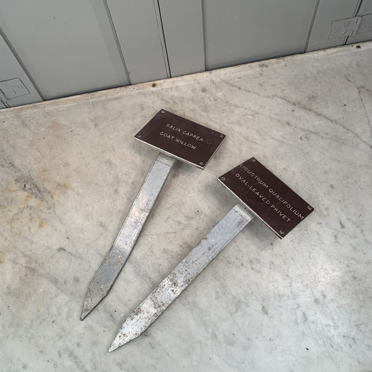 Pair Vintage Aluminium Botanical Garden Plant Markers Oval Leaved Privet & Goat Willow