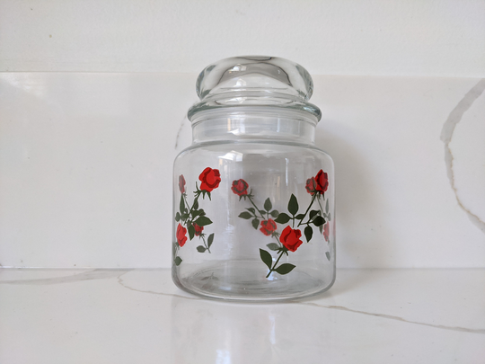 Vintage Rose Glass Apothecary Jar/Sealed Kitchen Container Canister