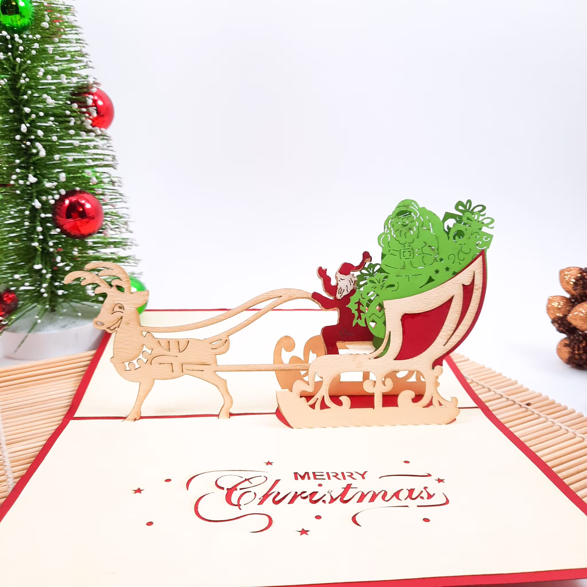 Reindeer & Santa's Sleigh 3D Pop Up Christmas Card, Greeting Laser Cut Cards, Merry Cards
