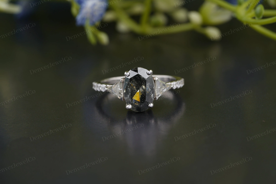 Grey Diamond Wedding Ring in White Gold, Oval Salt & Pepper Ring, Unique 3 Stone Engagement Rings Moissanite Triangle