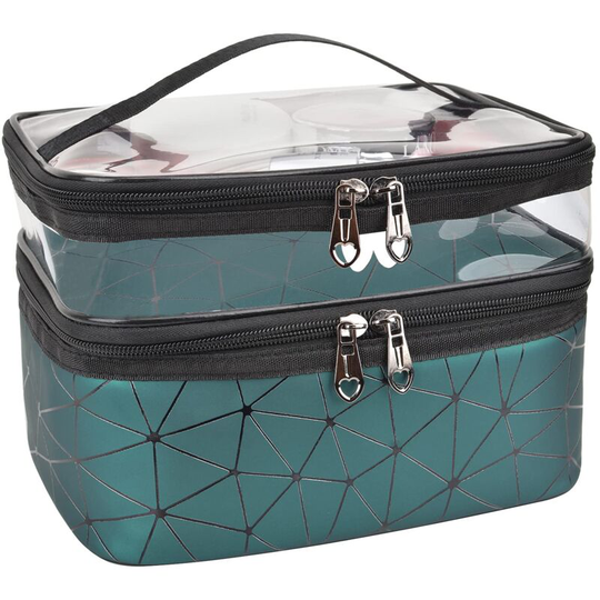 Makeup Bags Double layer Travel Cosmetic Cases Make up Organizer Toiletry Bags-green