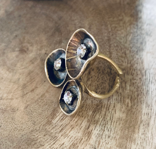 Organic Brass Pod Floral Rhinestone Adjustable Ring