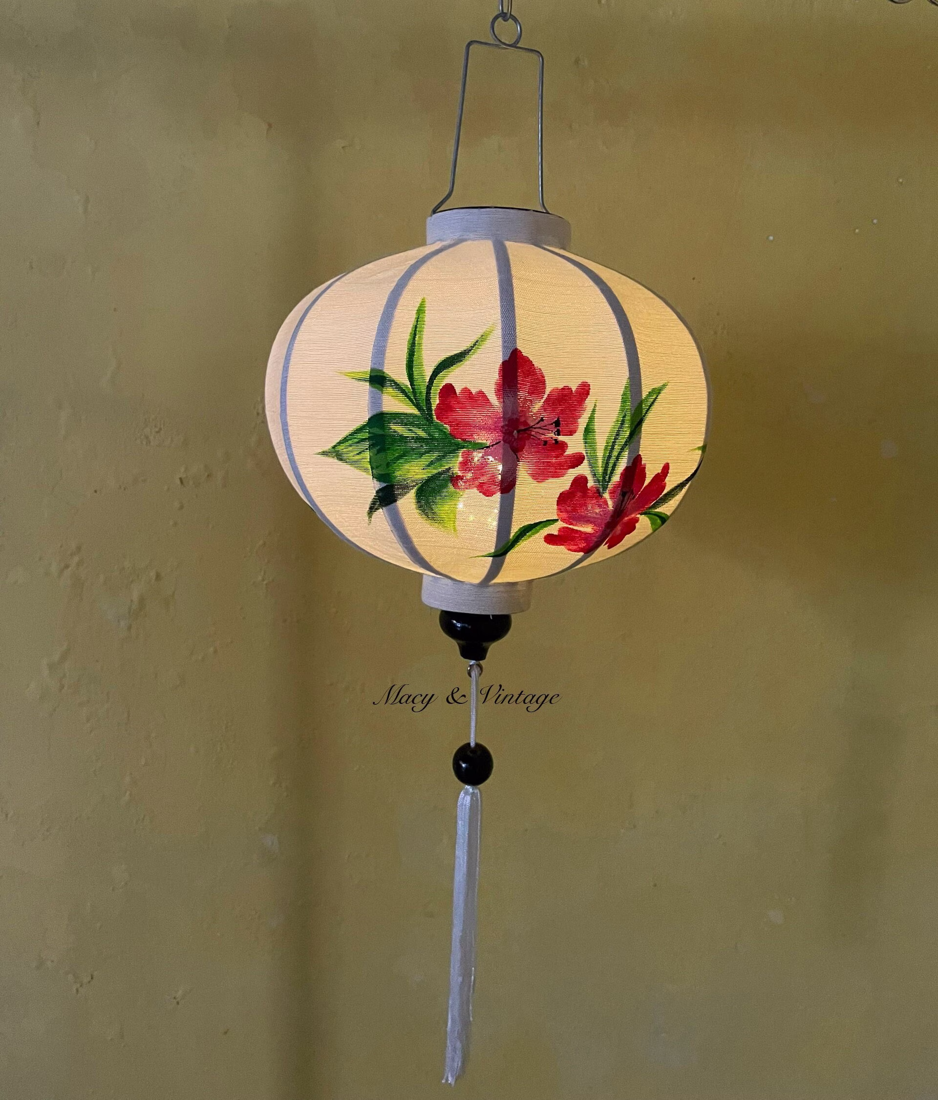 Hoi An Bamboo Silk Lanterns 35cm - Hand Painting With Red Hibiscus Bedroom Lamp. Home Garden Decoration Ceiling