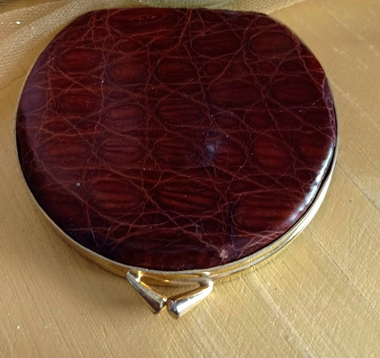 Leather Compact Mirror & Powder. Brown & Gold Design. Vanity Item For Her. Unused, Made in Argentina