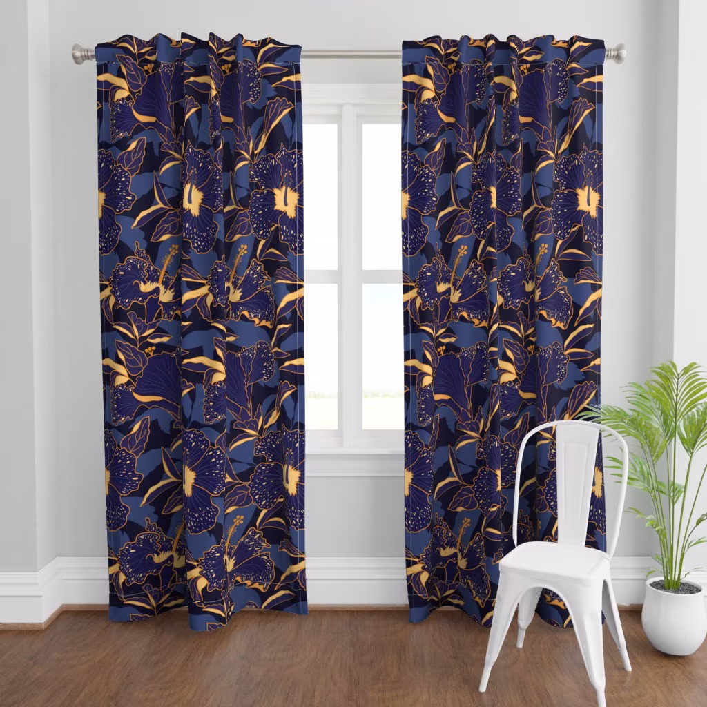 Blue Hibiscus Curtain Panel - Moody Tropical By Gargipanwar Floral Purple Custom Spoonflower
