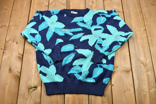 Vintage 1980S Abstract Blue Hibiscus Knit Sweater/80S Crewneck Floral Pattern Casual Fall Wear Pullover