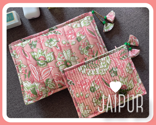 Zero Waste Organic Cotton Block Print Zipper Pouch, Sustainable Handmade Design, Yellow Make-Up Kit - Gift For Her