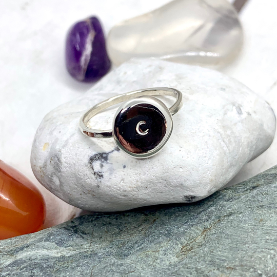Organic Molten Silver Personalised Pebble Ring. Sterling Melted Nugget 925 High Shine Initialed Minimalist Signet