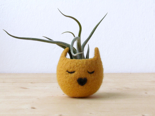 Colorful Cat Indoor Planter, Small Succulent Vase, Mustard Yellow Kitty, Felt Pot, Coworker Gift For Her