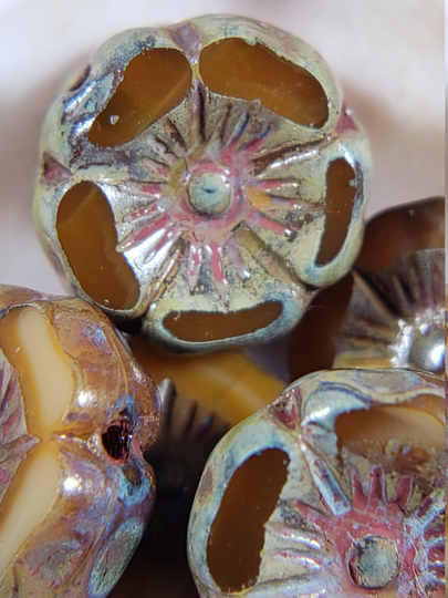 Alloy Orange W/Picasso Finish ~ Czech 12mm Glass Hibiscus Flower Beads 6 Bead Lots