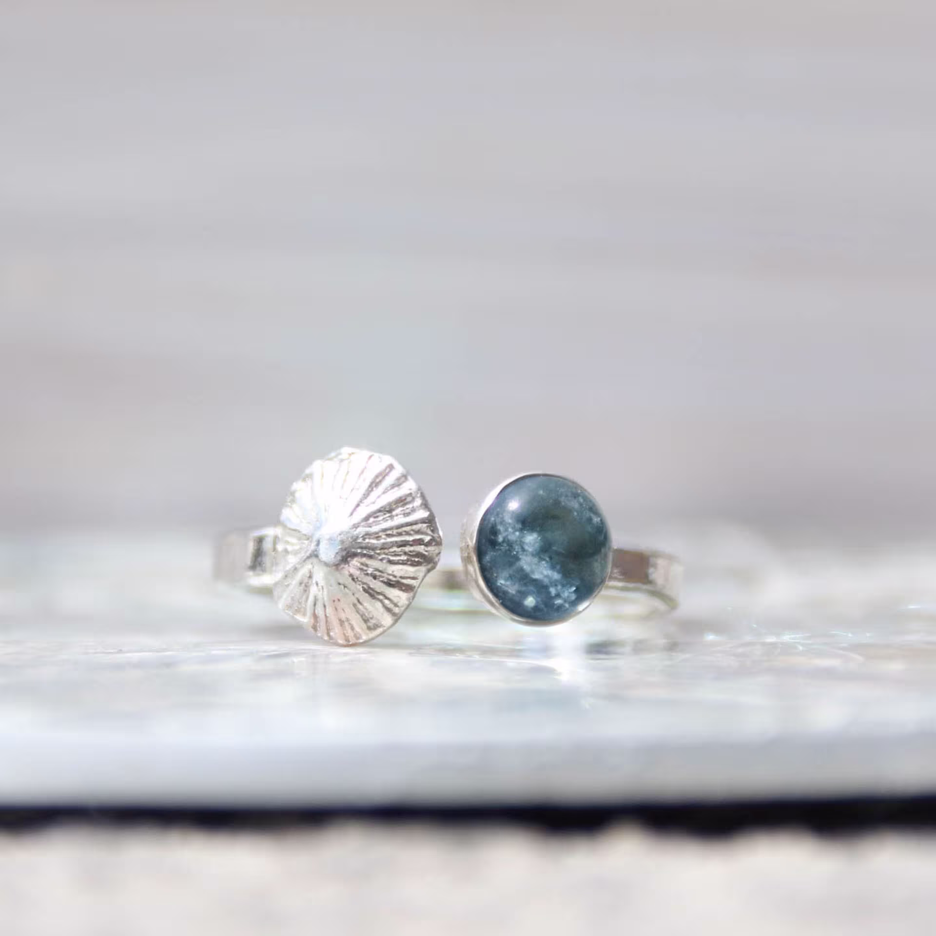 Salt & Reflection - Saltwater Souls Fine Silver | .999 Limpet Shell Cast & Blue Topaz Gemstone Adjustable Hammered Sterling Ring